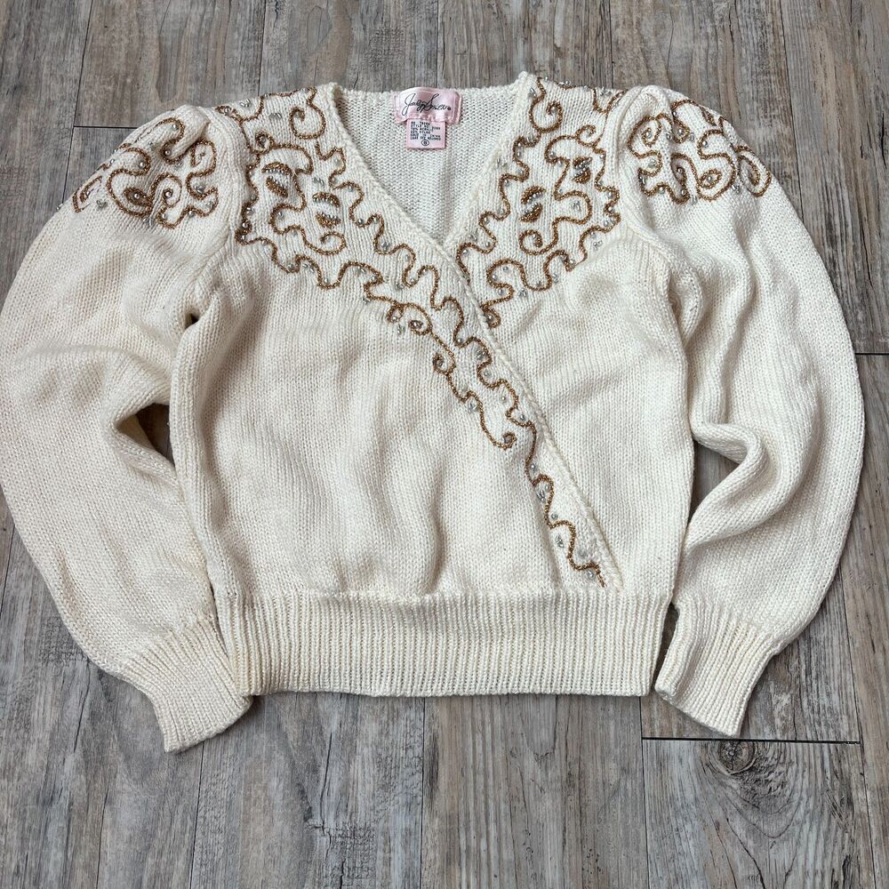 Vintage 80s Gold Embellished White Sweater Small V-Neck Knit Jaclyn Smith Granny